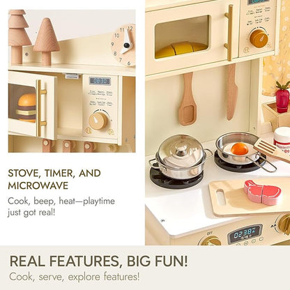 Giant bean Wooden Play Kitchen, Toddler Kitchen Playset, with Microwave Play Sink Ice Maker Oven Cookware Accessories Playset, Pretend Play Food Toys for 3+ Year Old Boys Girls