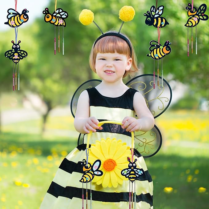 Fennoral 10 Pack Bee Wind Chime Kit for Kids Make You Own Honey Bee Wind Chimes Ornaments DIY Coloring Wooden Art and Craft for Insects Spring Art Activities Birthday Party Decorations