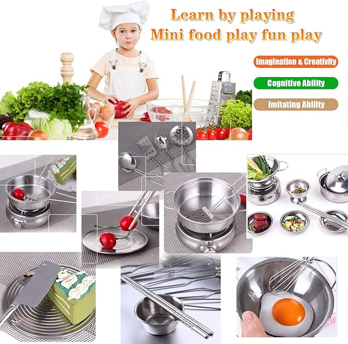 Tiny Classic Stainless Steel Kitchen Toys Cooking Utensils Set-Pretend Play Pots Pans Toy Cookware Kits for Kids Cooking Utensil Set Interactive Learning Role Play Educational Toys for Kids Mini Size
