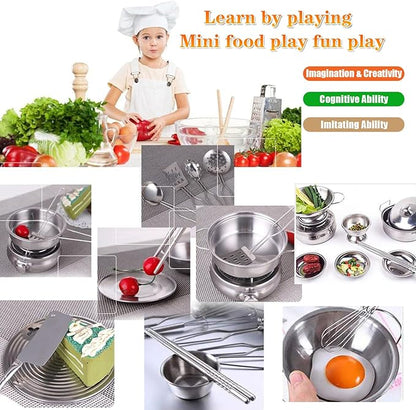Tiny Classic Stainless Steel Kitchen Toys Cooking Utensils Set-Pretend Play Pots Pans Toy Cookware Kits for Kids Cooking Utensil Set Interactive Learning Role Play Educational Toys for Kids Mini Size