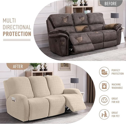 KinCam Recliner Covers, Stretch Reclining Chair Covers, Recliner Sofa Slipcovers Stripe Jacquard Recliner Couch Covers Furniture Protector Covers for Pet Kid (3 Seater, Vanilla)