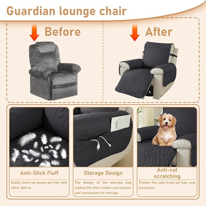 Recliner Covers That Stay in Place, 100% Waterproof Non-Slip Recliner Chair Covers with Pocket, Elastic Straps, Washable Reclining Chair Protector for Kids, Pets, Dog, Cat,Black,23IN