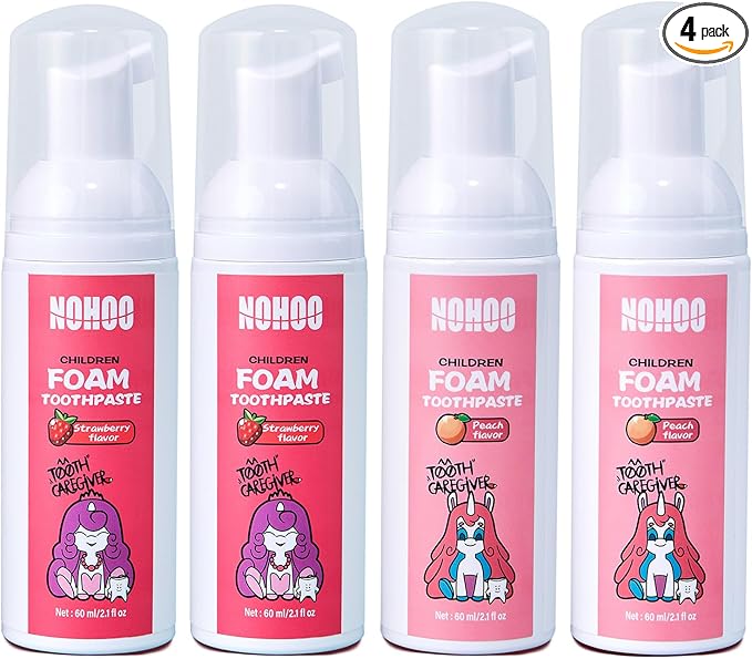 NOHOO Kids Foam Toothpaste with Fruit Flavor,Fluoride Free Natural Formul, Foam Toothpaste for Electric Toothbrush,Suitable for Toddler's Oral Cleaning and Cavity Prevention (2Strawberry+2Peach)