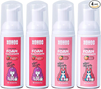 NOHOO Kids Foam Toothpaste with Fruit Flavor,Fluoride Free Natural Formul, Foam Toothpaste for Electric Toothbrush,Suitable for Toddler's Oral Cleaning and Cavity Prevention (2Strawberry+2Peach)