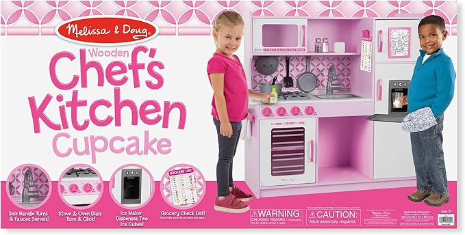 Melissa & Doug Wooden Chef’s Pretend Play Toy Kitchen With “Ice” Cube Dispenser – Cupcake Pink/White - FSC Certified