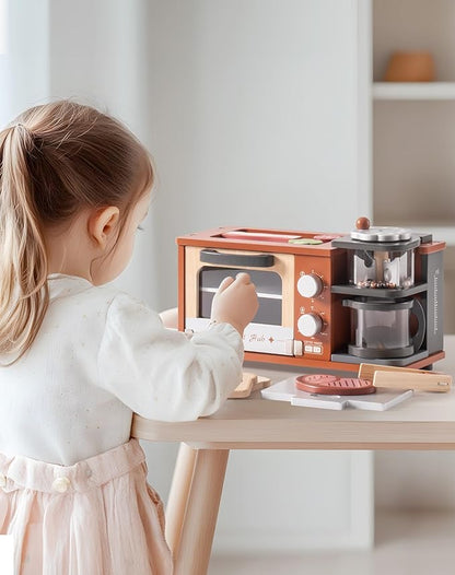 ROBOTIME Play Kitchen Toys Accessories - Wooden Breakfast Machine Kitchen Toy for Kids with Coffee Maker and Pretend Play Food Sets - Kitchen Playset Appliances Toy for Toddlers (Caramel)