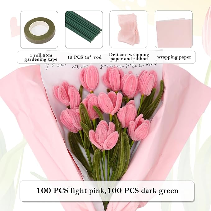 iCraftine 200 Pieces Pipe Cleaners Craft Supplies DIY Chenille Stems Tulip Bouquet Kit with Step-by-Step Video Tutorials for Wedding Gift, Holiday Decoration