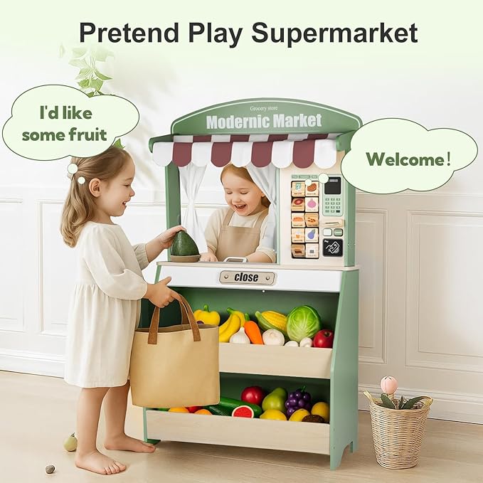 Kids Grocery Store Pretend Play, Puppet Theater&Grocery Store Playset Toy Double-Sided, Toddler Supermarket Toy Cash Register w/Blackboard, Display Shelves, Gift for Boys Girls, Green
