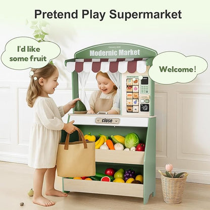 Kids Grocery Store Pretend Play, Puppet Theater&Grocery Store Playset Toy Double-Sided, Toddler Supermarket Toy Cash Register w/Blackboard, Display Shelves, Gift for Boys Girls, Green