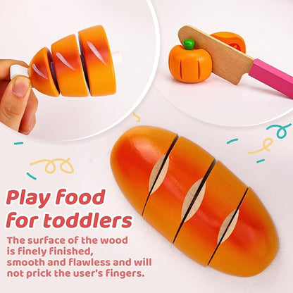 Holicolor 40pcs Wooden Play Food, Pretend Play Food Sets for Kids Kitchen, Cutting Fake Food Toy Educational Play Kitchen Food with Fruits and Vegetables for Toddler Birthday Gift