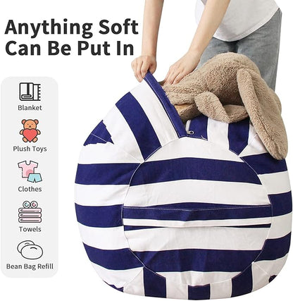 Miaowater 2 PCS Stuffed Animal Storage Bean Bag Chair Cover, Cotton Canvas Beanbag with Zipper for Organizing Kid's and Adults Room Vertical Stripe Blue 24"