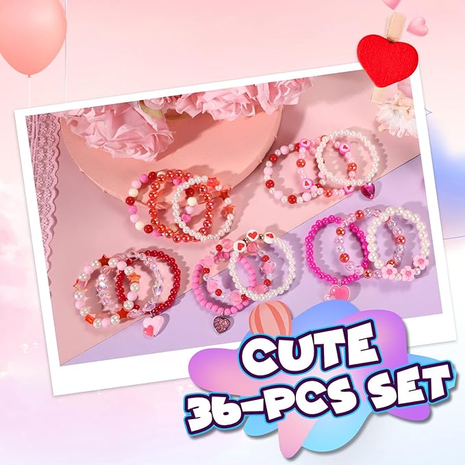 PinkSheep Class Valentine Bracelets Bulk: 36Pcs Valentine's Day Gift for Little Girls, Heart Valentines Day Bracelets Bulk for Kid, Valentines Day Jewelry Girl