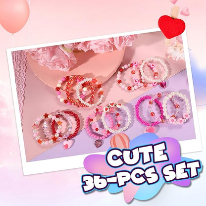 PinkSheep Class Valentine Bracelets Bulk: 36Pcs Valentine's Day Gift for Little Girls, Heart Valentines Day Bracelets Bulk for Kid, Valentines Day Jewelry Girl