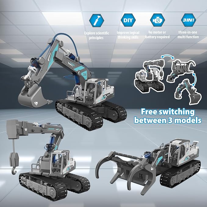 STEM Building Block Assembly Toy Set for Kids 8-12 Years - 3-in-1 Hydraulically Powered Construction Toy Including Excavator, Crane, and Timber Loader