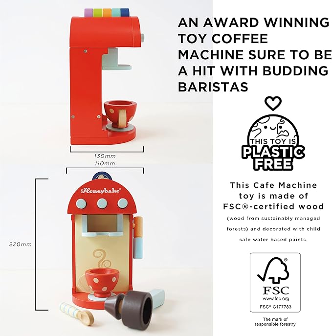 Le Toy Van - Honeybake Premium Wooden Cafe Machine Set - Pretend Kitchen and Cafe Play Toy Set | Kids Role Play Toy Kitchen Accessories (TV299), Small