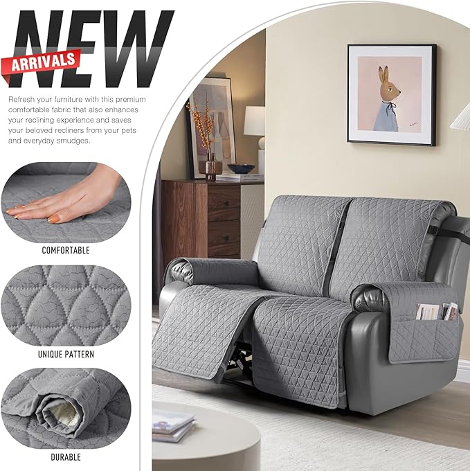 TAOCOCO 100% Waterproof Loveseat Recliner Cover-Recliner Cover with Non-Slip Granule, Recliner Chair Covers with Elastic Band,Washable Recliner Chair/Protector for Pets(Light Gray, 2 Seater)
