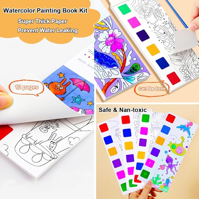 BAOXUE 4Pack Water Color Paint Sets for Kids, Pocket Watercolor Painting Book, Paint With Water Books for Toddlers, Art Craft Set for Drawing with Brush