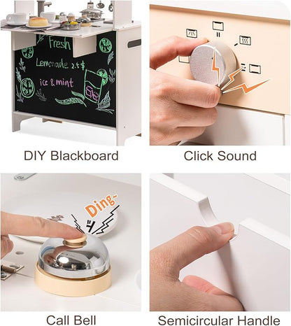 ROBUD Montessori Wooden Play Kitchen, Kids Kitchen Playset with Customisable Themes, Pretend Toddlers Kitchen Toy with DIY Creative Chalkboard, Gift for Ages 3 4 5 6 7 8