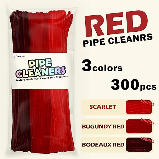 Red Color Trio Pipe Cleaner Set - 300pcs, Thick Fluffy Chenille Stems for Arts & Crafts, Perfect for Making Animals, Flowers, and Festive Decorations(12 inches x 0.24 inches)