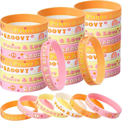 28 Pieces Groovy Retro Hippie Silicone Wristbands Daisy Flower Peace and Love Rubber Bracelets Daisy Party Favors for Kids adults 60s 70s Two Groovy themed Birthday Party Decoration Supplies