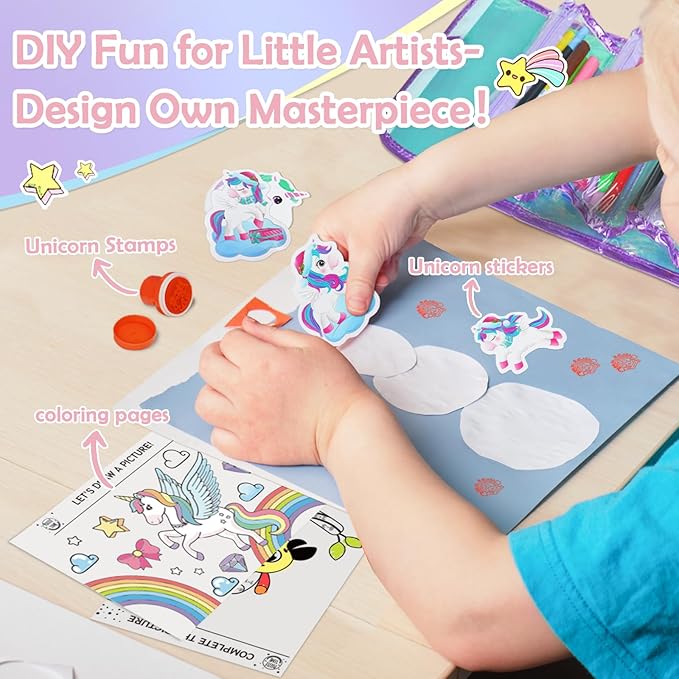 KIDDYCOLOR Unicorn Washable Markers Set 69 pcs with Glitter Pencil Case - Arts and Crafts Coloring Kit for Kids Ages 4-8, Includes Unicorn Stickers - Perfect Gifts for Girls