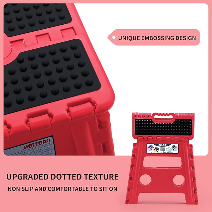 Delxo Folding Step Stool,Non-Slip Stool 13 inch Height Premium Heavy Duty Foldable Stool for Kids and Adults,Kitchen Garden Bathroom Stepping Stool 1 Pack in Red,Dotted Texture