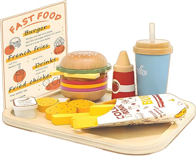 Wooden Play Food Set Toy for Play Kitchen, Toddlers Pretend Play Kitchen Accessories, Wooden Play Fast Food Hamburger, French Fries Set Educational Toys Gift for Kids Boys Girls