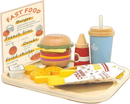 Wooden Play Food Set Toy for Play Kitchen, Toddlers Pretend Play Kitchen Accessories, Wooden Play Fast Food Hamburger, French Fries Set Educational Toys Gift for Kids Boys Girls
