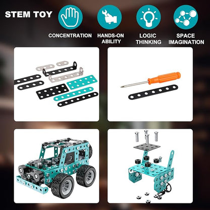 Building Sets Stem Assembly Metal 3-D Puzzle Off-Road Model Car Building Kit Construction Set Toys Parent-Child Interaction Construction Sets Gifts for Kids 8-16 Blue…
