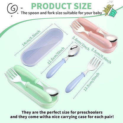 9 Pieces Toddler Utensils Stainless Steel Fork and Spoon Safe Baby Silverware Set, Kid Safe Utensils Children's Flatware Kids Cutlery Set with Round Handle for LunchBox (Blue, Green, Pink)