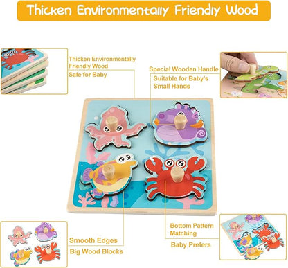 Wooden Toddler Puzzles, Funsland Peg Puzzles Gifts Toys, 4 Pcs Eco Friendly Animal Patterns Jigsaw with Handles, Infant Kid Fine Motor Skill Learning Educational Montessori Puzzles for 1 2 3 Years Old