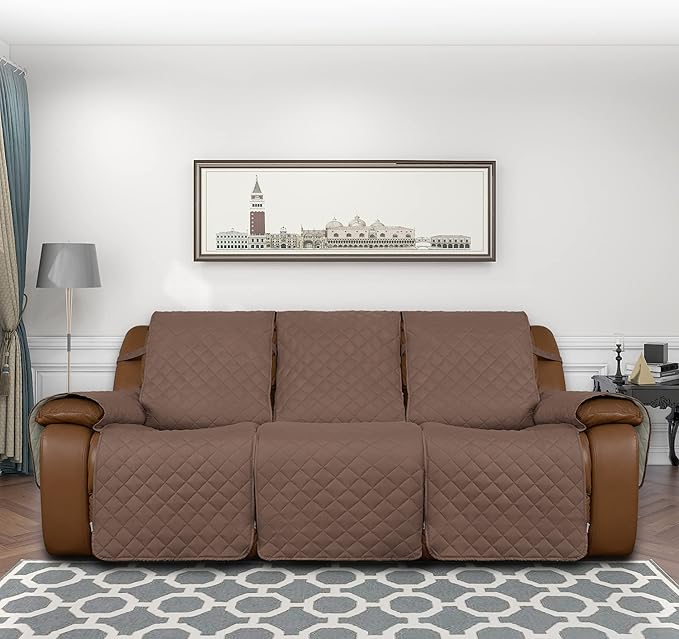 Easy-Going Recliner Sofa Cover, Reversible Couch Cover for 3 Seat Recliner, Split Sofa Cover for Each Seat, Furniture Protector with Elastic Straps for Kids, Dogs, Pets(3 Seater, Brown/Beige)