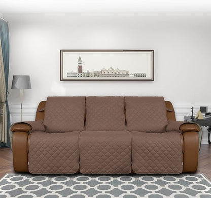Easy-Going Recliner Sofa Cover, Reversible Couch Cover for 3 Seat Recliner, Split Sofa Cover for Each Seat, Furniture Protector with Elastic Straps for Kids, Dogs, Pets(3 Seater, Brown/Beige)