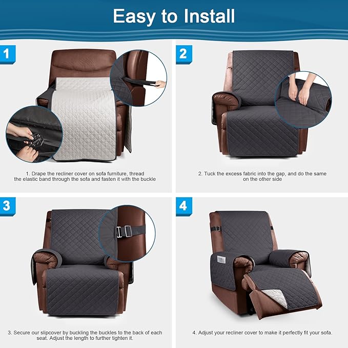 KinCam 100% Waterproof Recliner Chair Cover, Reclining Couch Covers for Pets, Dogs, Recliner Couch Slipcover Furniture Protector with Elastic Straps for Kids(23.6", Charcoal Gray)