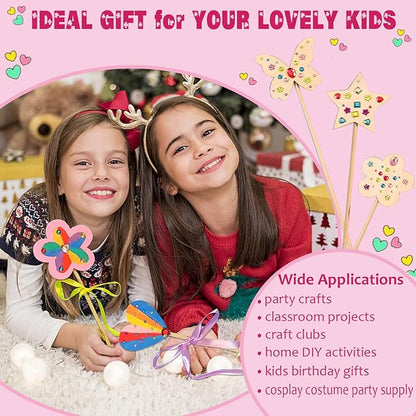 WUBOMJIO Princess Fairy Wands Craft Kit, Kid Birthday Party Supplies Make Your Own Magic Wands Include Unfinished Wooden Fairy Wands, Gem Stickers, Ribbons, Ideal for Kids 6+(14 PCS)