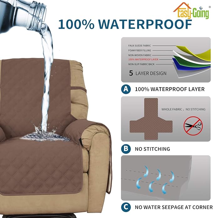 Easy-Going Sofa Slipcover Waterproof Recliner Chair Cover Non-Slip Fabric Couch Cover for Living Room Washable Furniture Protector for Pets Kids Children Dog Cat (Recliner, Brown)