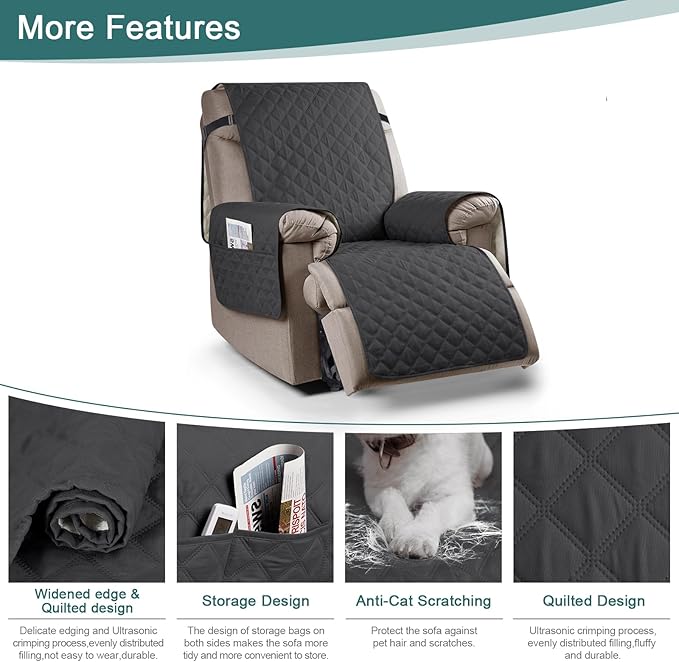 Ruaozz 100% Waterproof Recliner Chair Cover Non-Slip Oversized Reclining Cover for Large Recliner Chair Washable Chair Seat Cover with Elastic Straps for Kids, Dogs, Pets (Charcoal Grey, 28'')
