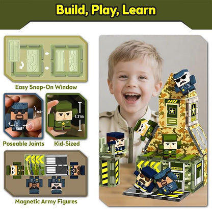 GobiDex 100PCS Army Magnetic Tiles Building Set for Kids, STEM Military Magnetic Building Blocks with 6 Magnetic Army Men, Educational Construction Toys Gift for Boys Girls 3 4 5 6 7 8 9+ Year Old