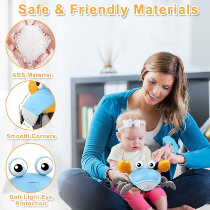 Plnmlls Crawling Crab Baby Toy - Tummy Time Toys-with Music and LED Light,Walking Crab Toy for 0-6 6-12 12-18 36 Months Walking Toddler Birthday Gift(Azure）