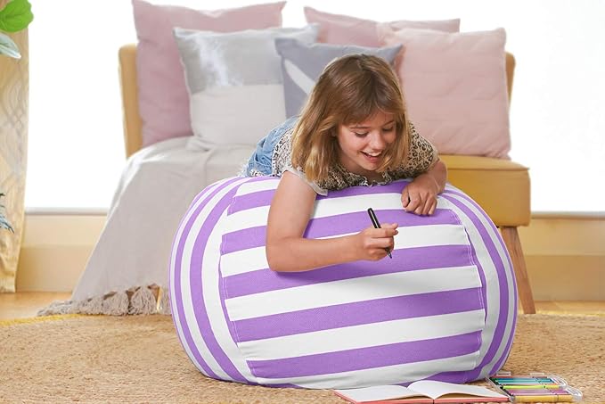 Aubliss Stuffed Animal Bean Bag Storage Chair (Purple/White Striped, Large (38''))