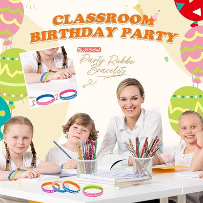 Sabary 48 Pcs Happy Birthday Pencils Rubber Bracelets Set Birthday Party Favors Birthday Pencils Silicone Wristbands Birthday Bracelet for Kids Students Teachers Classroom Reward Gifts (Bright Style)