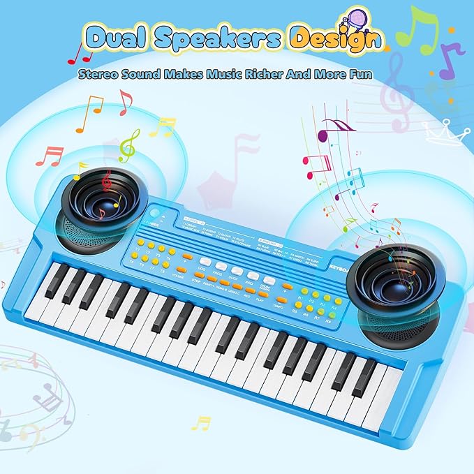 Upgraded 37 Keys Kids Piano Keyboard – Portable Toddler Music Toy Keyboard with Microphone Musical Instrument Birthday Gift for 3 4 5 6 Boys Girls, Blue