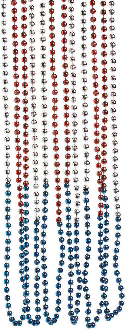 Fun Express - TrI-Color Patriotic Beaded Necklaces for Fourth of July - Jewelry - Mardi Gras Beads - Mot Round - Fourth of July - 48 Pieces