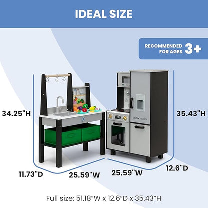 Delta Children Gourmet All-in-One Corner Play Kitchen - Toy Kitchen Playset with Safe & Heatless Stove with Lights, Oven, Sink, Fridge/Freezer with Ice Maker and 20 Accessories, Grey