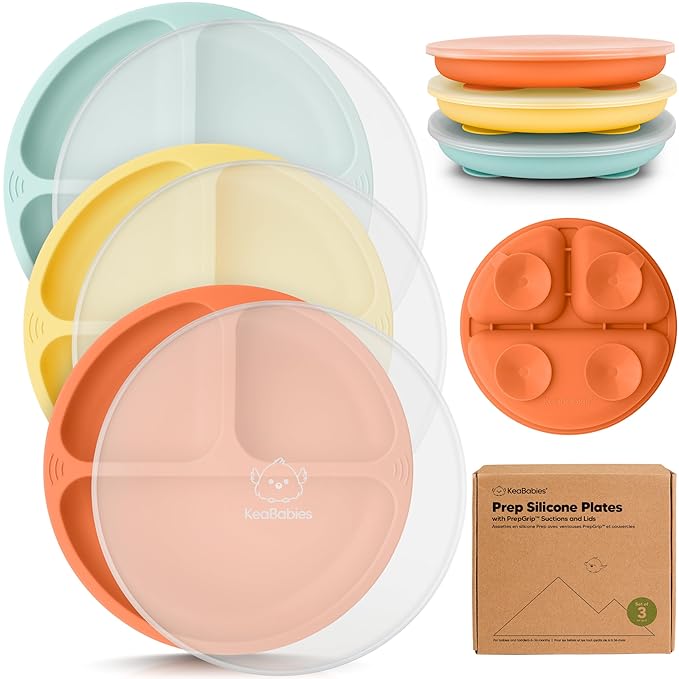 KeaBabies Suction Plates with Lids for Baby - 3-Pack 100% Silicone Suction Plates for Baby, Kids,Toddler Plates,Divided Baby Plates with Suction,Lids, BPA-Free, Microwave, Dishwasher Safe (Amaze)