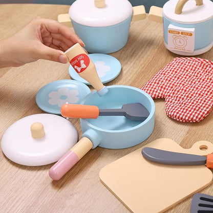 Play Kitchen Accessories, Wooden Play Set Cooking Toys, 17 Pieces Play Cookware Pots and Pans Set, Cooking Simulation Montessori Educational Toys, Christmas Birthday Gifts for Kids Girls Boys 3-7