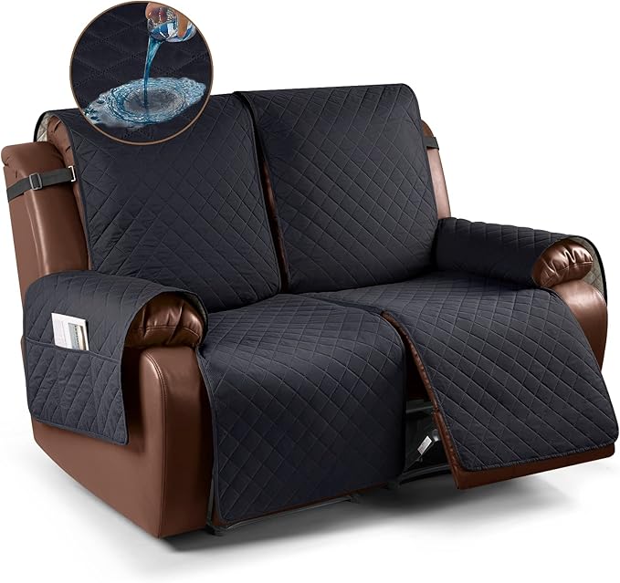 KinCam Waterproof Loveseat Recliner Cover, Non-Slip Reclining Couch Covers for 2 Seat, Recliner Sofa Cover Furniture Protector with Elastic Straps for Kids, Pets, Black