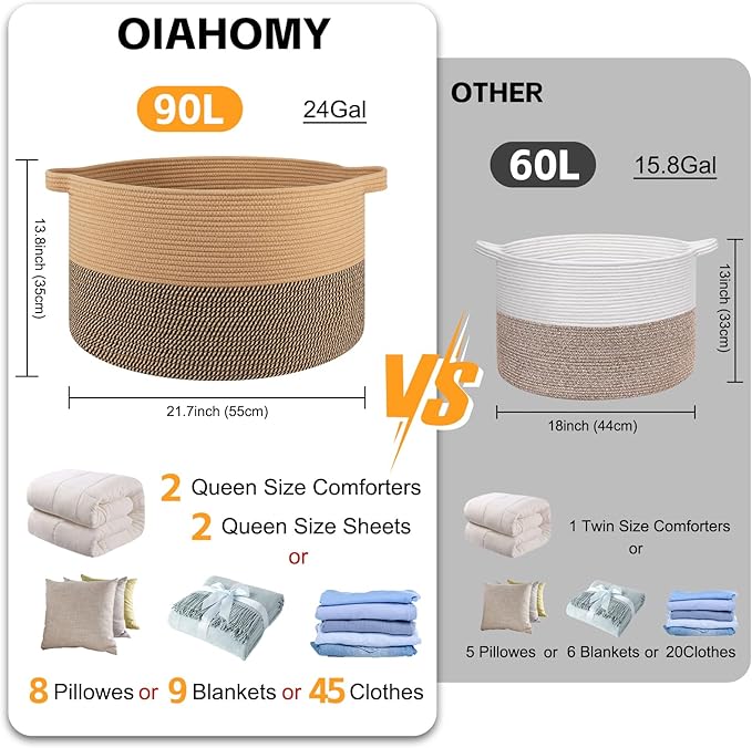 OIAHOMY 90L XXXLarge Blanket Basket for Living Room, 21.7" x 13.8" Woven Cotton Rope Laundry Basket for Organizing Pillows, Decorative Stuffed Animal Toy Storage Bin for Nursery, Jute and Black