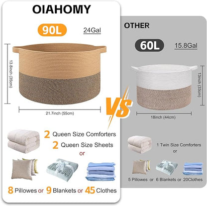 OIAHOMY 90L XXXLarge Blanket Basket for Living Room, 21.7" x 13.8" Woven Cotton Rope Laundry Basket for Organizing Pillows, Decorative Stuffed Animal Toy Storage Bin for Nursery, Jute and Black