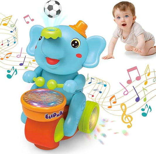 Baby Elephant Musical Crawling Toy with Lights, Sounds, Blowing Ball, Infant Sensory Toys, Birthday Gifts for Kids Boy Girl 3 4 5 6 7 8 Years (Blue)